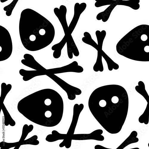 Seamless hand drawn black and white Halloween pattern with cartoon ghost skull bones pumpkin bat. Cute minimalist background for kids party invitation tesxtile wrapping paper. October nursery print. photo