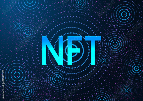 Concept of NFT nonfungible tokens in futuristic style on dark blue backgound. 