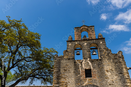 The Church and Bell Tower at Mission San Francisco de la Espada, San Antonio, Texas, USA photo