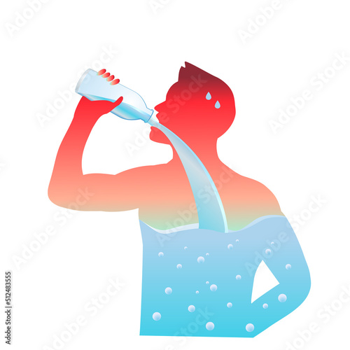 Man with dehydrated body drinking water from bottle flow into body. dehydration and hydration Illustration