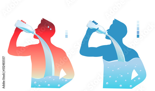 Man with dehydrated body drinking water from bottle flow into body with water scale. dehydration and hydration Illustration