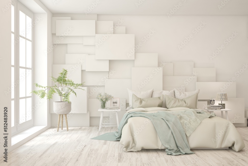 Fototapeta premium White bedroom interior. Scandinavian design. 3D illustration