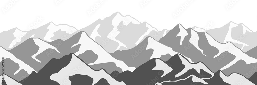 Fototapeta premium Snow covered mountain peaks, mountain ranges panoramic view, black and white landscape