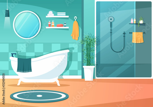 Modern Bathroom Furniture Interior Background Illustration with Bathtub, Faucet Toilet Sink to Shower and Clean up in Flat Color Style