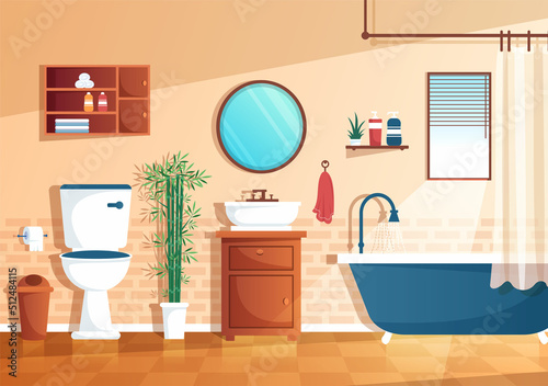 Modern Bathroom Furniture Interior Background Illustration with Bathtub, Faucet Toilet Sink to Shower and Clean up in Flat Color Style