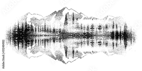 Forest and mountains are reflected in the lake, vignette. Vector sketch, imitation of a pencil drawing.