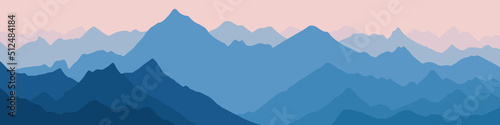 Sunrise in the mountains, mountain ranges in the morning haze, panoramic view, vector illustration