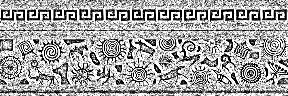 Ethnic border on the theme of rock paintings, vector design. Seamless pattern, banner. 