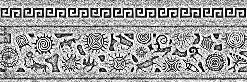 Ethnic border on the theme of rock paintings, vector design. Seamless pattern, banner. 