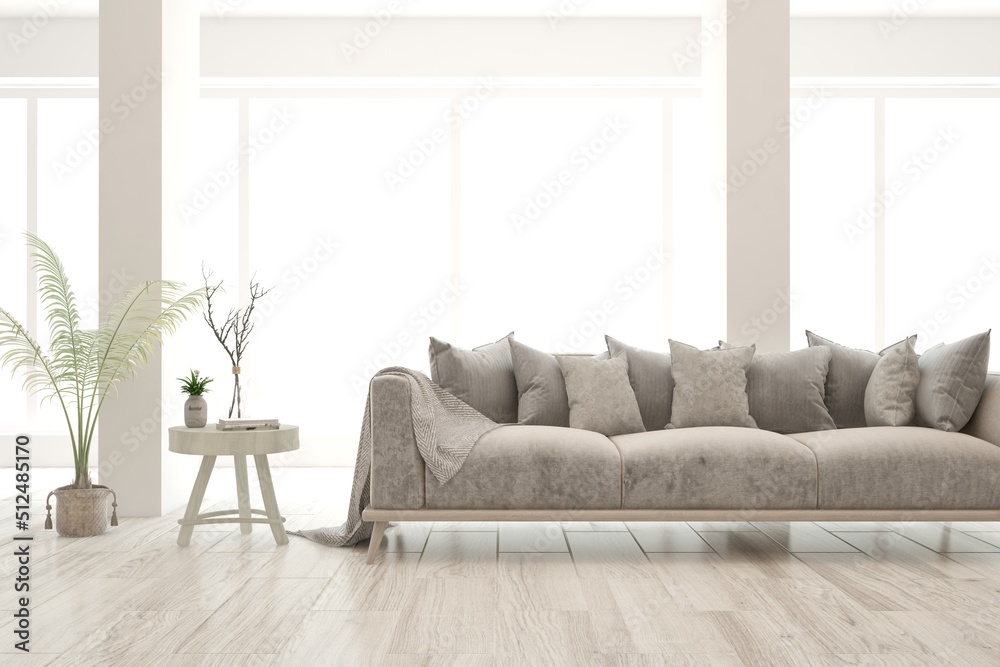 Fototapeta premium Modern living room in white color with sofa. Scandinavian interior design. 3D illustration