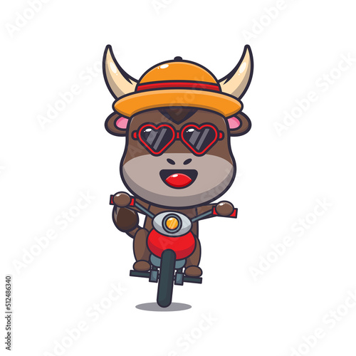 Cool bull cartoon mascot character ride motocycle in summer day