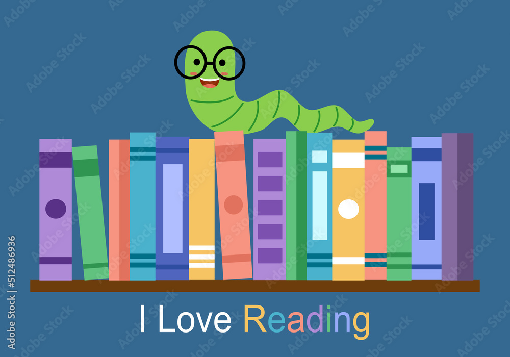 I love reading concept vector illustration. Bookworm on bookshelf in flat design. I love reading concept vector illustration. Bookworm on bookshelf in flat design.
