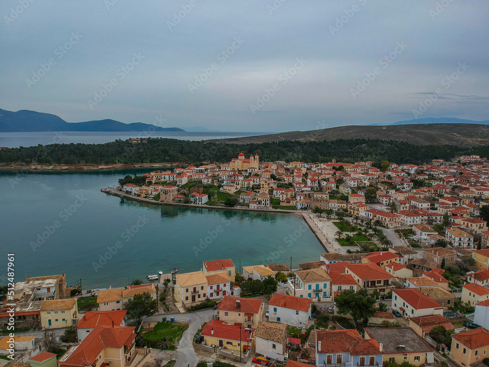 Aerial panoramic view from the picturesque fishing village of Galaxidi or Galaxeidi. It is a famous coastal village and a former municipality in the southern part of Phocis, Greece, Europe