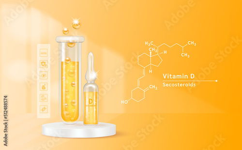 Serum vitamin D inside glass ampoule and glass bottles with liquid drug solution. Natural cosmetics. Cosmetology for skin care. On orange background. Medical and beauty concept. Realistic 3D vector.