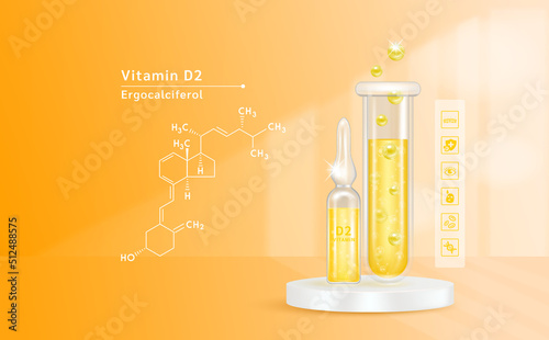 Serum vitamin D2 inside glass ampoule and glass bottles with liquid drug solution. Natural cosmetics. Cosmetology for skin care. On orange background. Medical and beauty concept. Realistic 3D vector.