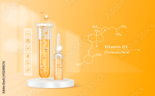 Serum vitamin D3 inside glass ampoule and glass bottles with liquid drug solution. Natural cosmetics. Cosmetology for skin care. On orange background. Medical and beauty concept. Realistic 3D vector.
