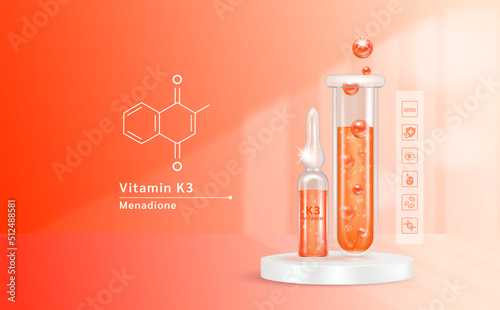 Serum vitamin K3 inside glass ampoule and glass bottles with liquid drug solution. Natural cosmetics. Cosmetology for skin care. On orange background. Medical and beauty concept. Realistic 3D vector. photo