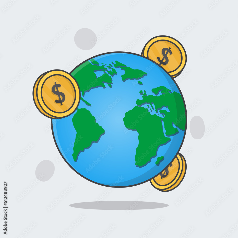 World Globe With Cash Money Cartoon Vector Illustration. Global Financial Concept Flat Icon Outline World Globe With Cash Money Cartoon Vector Illustration. Global Financial Concept Flat Icon Outline