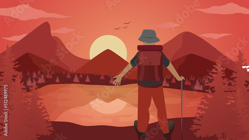 Man with backpack, traveller or explorer standing on top of mountain or cliff and looking on valley. Concept of discovery, exploration, hiking, adventure tourism and travel. Flat vector illustration.