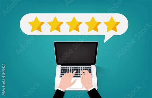 Online feedback concept on the laptop with stars and bubble chat symbol. Filling survey for with a laptop, vector illustration