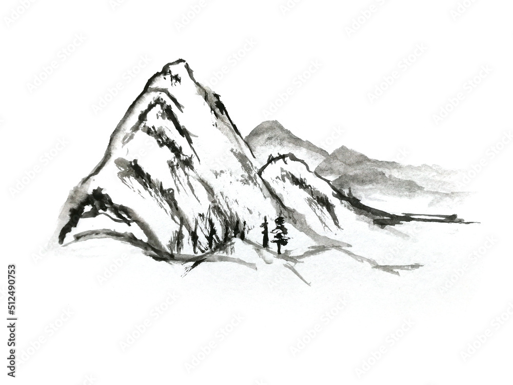 Watercolor ink landscape mountain fog . Traditional chinese painting. asian art style. isolated on a white background