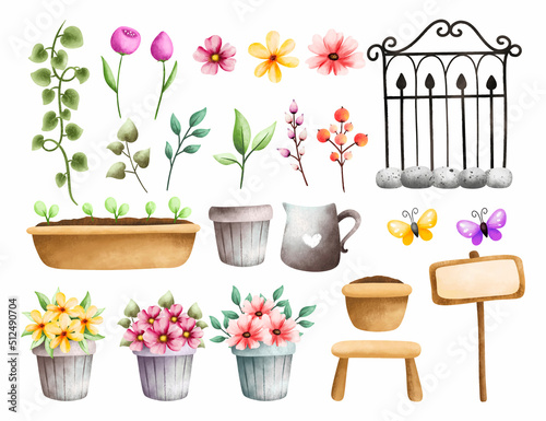 Watercolor set of flower garden 