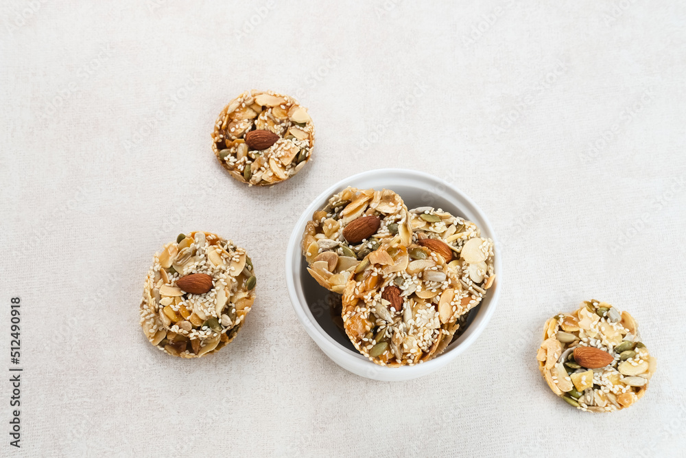Florentine Cookies with mixed nut and dried fruits and seeds. Gluten free.
Florentine Cookies with mixed nut and dried fruits and seeds. Gluten free.