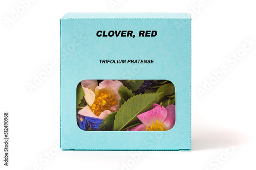 Clover, Red Medicinal herbs in a cardboard box. Herbal tea in a gift box
