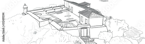 CABO FRIO, RIO DE JANEIRO, BRAZIL: LINE DRAWING FROM THE MUNICIPAL PUBLIC LIBRARY PROF. WALTER NOGUEIRA. MASSA FAMILY HOUSE. LOCATED IN THE CENTER OF CABO FRIO, ON THE CORNER OF RUA MAJOR BELEGARD, IN