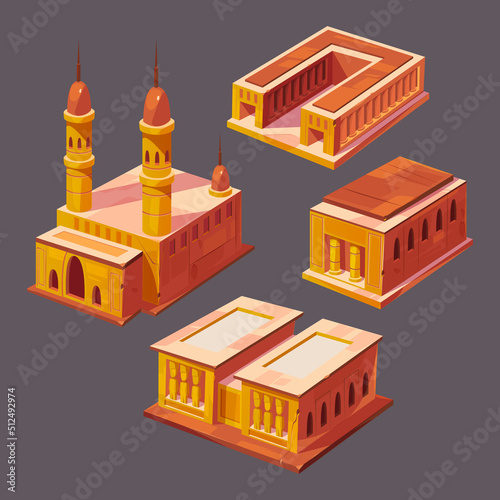 Isometric egyptian buildings, ancient landmarks. Vector set of old architecture in Egypt, historic buildings, arab Mosque, stone temples with pillars and statues isolated on background