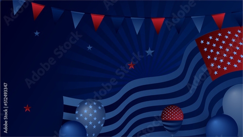 USA flag background. American flag waving in the wind vector illustration. Happy 4th of July stars balloons fireworks - Independence Day USA blue background for celebration poster template