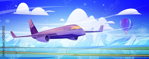 Plane fly above mountain valley with lake and green meadows. Passenger aircraft flight concept. Vector cartoon illustration of landscape with river, rocks, jet and flying hot air balloon