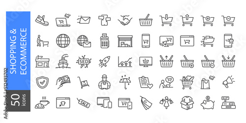 Set of Shopping and Ecommcerce Line Icons. Contains such Icons as Delivery Service, Coffee Break, SEO, Cart, Email Marketing, Website, Werehouse, Start Up etc. Editable stroke 64X64 Pixel Perfect