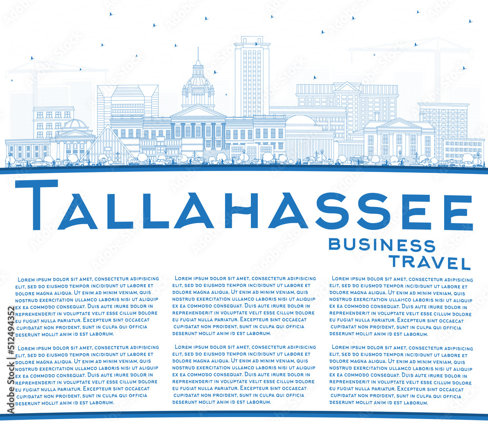 Outline Tallahassee Florida City Skyline with Blue Buildings and Copy Space.