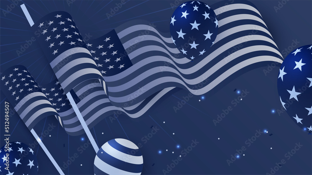 USA flag background. American flag waving in the wind vector illustration. Happy 4th of July stars balloons fireworks - Independence Day USA blue red background for celebration poster template USA flag background. American flag waving in the wind vector illustration. Happy 4th of July stars balloons fireworks - Independence Day USA blue red background for celebration poster template