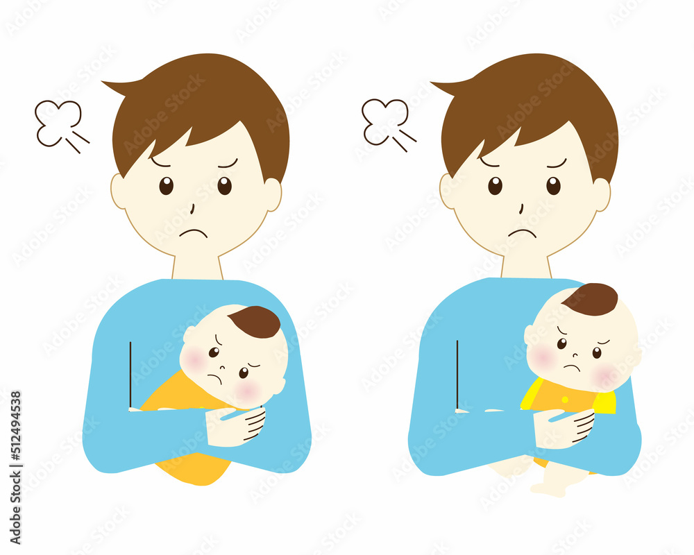 赤ちゃんを抱っこして怒っているお父さんのイラスト素材 赤ちゃんを抱っこして怒っているお父さんのイラスト素材