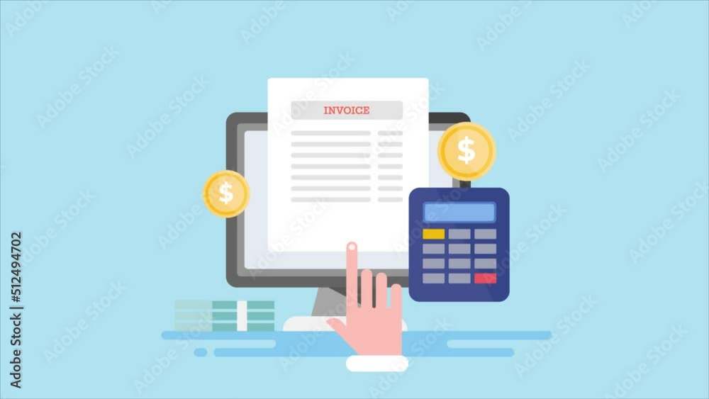 Online digital invoice on computer screen with calculator, money and coin, accounting software app, finance business concept, 2d animation 4k video clip. Online digital invoice on computer screen with calculator, money and coin, accounting software app, finance business concept, 2d animation 4k video clip.