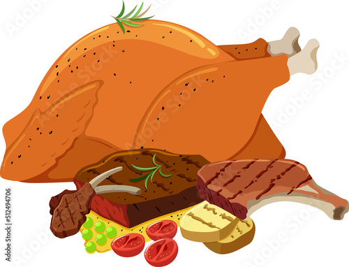 Delicious food with chicken and beef steak