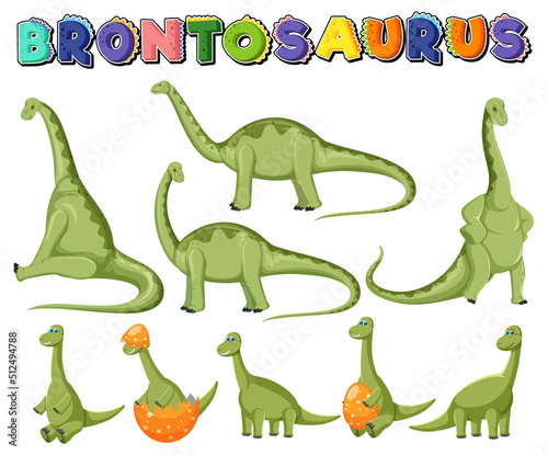 Different cute apatosaurus dinosaur cartoon characters