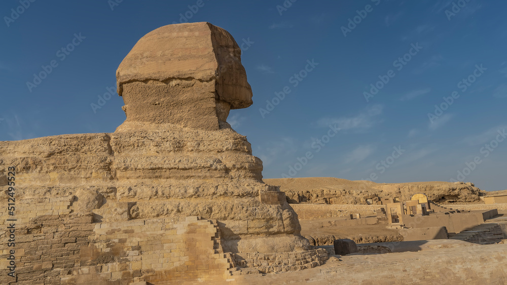 A fragment of the sculpture of the Great Sphinx. Head in profile and body parts. The layered structure of the ancient statue is visible. The background is a blue sky. Egypt. Giza