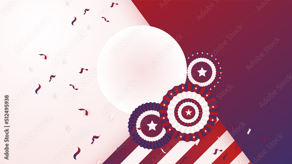 Fototapeta premium USA flag background. American flag waving in the wind vector illustration. Happy 4th of July stars balloons fireworks - Independence Day USA blue red background for celebration poster template