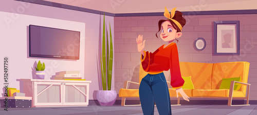 Woman in living room with couch, tv set and stand with books. Vector cartoon illustration of cozy house or apartment interior in rustic style and girl with hairband waving hand