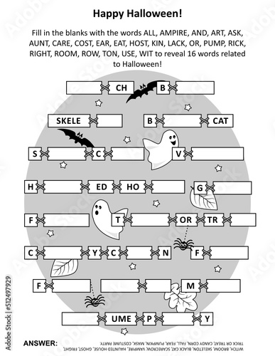 Word game: Fill in the blanks with the words provided to make 16 words related to Halloween holiday. Suitable both for kids and adults.
