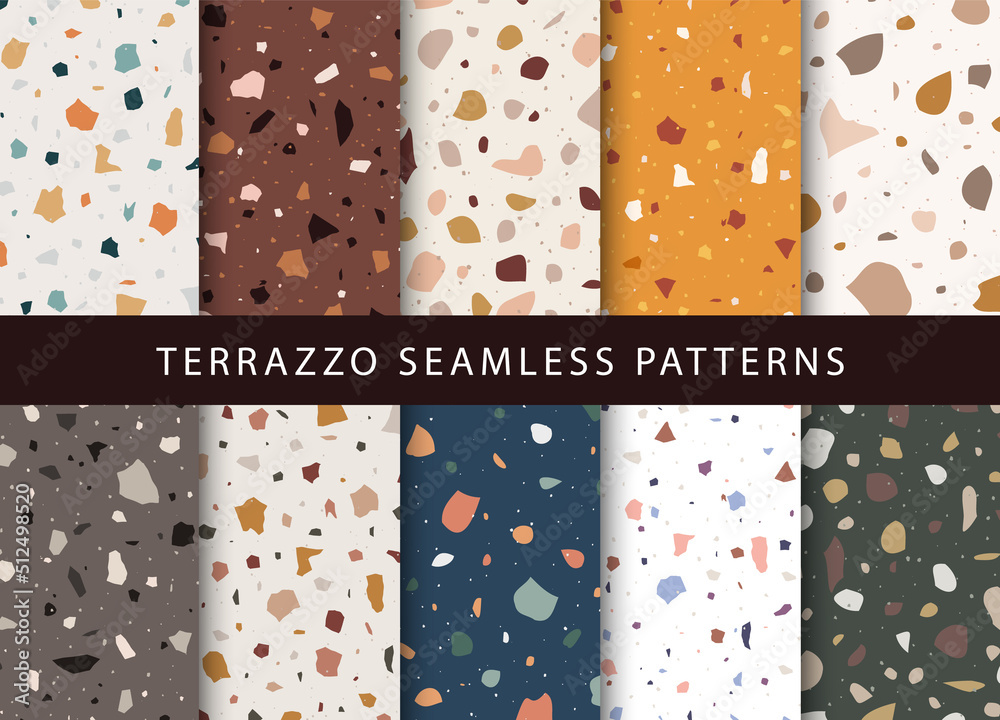 Set of venetian terrazzo texture seamless patterns. Minimalistic interior decoration. Vector illustration in flat style. Set of venetian terrazzo texture seamless patterns. Minimalistic interior decoration. Vector illustration in flat style.