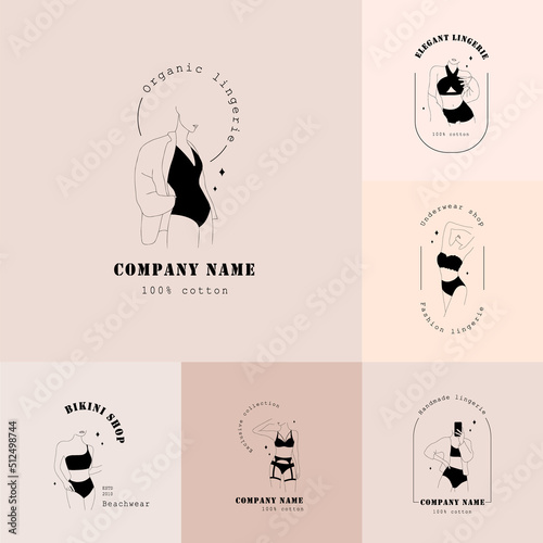 Set of logos design for lingerie shop. Logotype of female underwear. Contemporary minimalist woman figure in linear style. Modern vector hand drawn illustration. Label of boutique.