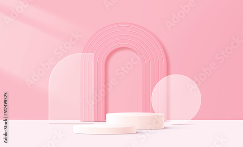 Abstract 3D white cylinder pedestal podium with glass geometric shape backdrop and lighting. Pastel pink minimal wall scene for product display presentation. Vector rendering platform design.