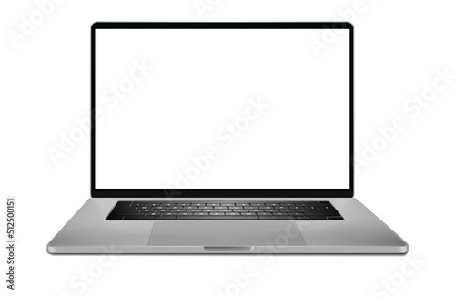 Laptop with blank screen on white background.