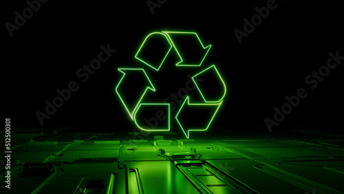 Green neon light recycle icon. Vibrant colored Eco technology symbol, on a black background with high tech floor. 3D Render photo