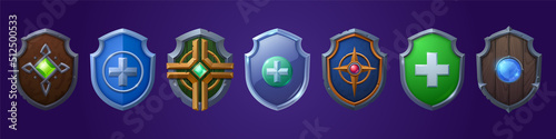 Set of game shields, cartoon fantasy medieval armor of metal and wood decorated with gems. Knight ammo, iron or wooden guard screens collection, ui design elements, isolated vector icons, clipart