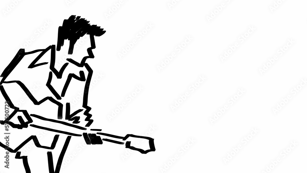 Naklejka premium Image of a guitarist. Black drawing. Rock musician. Rock'n'roll. Country performer. Illustration on a white background. Music. Playing guitar. Musical instrument. Looped.